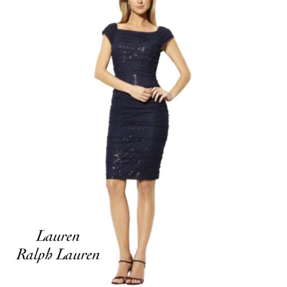 Lauren Ralph Lauren Evening Navy Sequin Mesh Ruched Dress Size 10